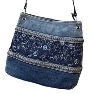 Massini Crossbody Bag Denim Embroidered Sequin Blue Metallic Boho Messenger Y2K
